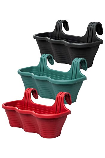 ToXA 3 Adet 10 lt Renkli Askılı Balkon Küpeşte Saksısı Seti Plastik Askı Saksı Set Tombik No5