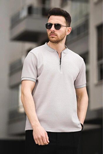 Oksit Fabre Honeycomb Pattern Zippered College Collar Men's Tshirt