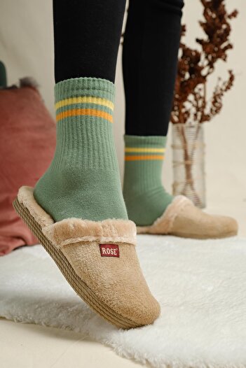 Oksit Senda Fluffy House Slippers Winter Stoned Women's House Slippers Guest Slippers