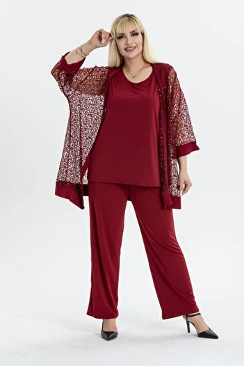 vividbutik Plus Size Lace 3 Piece Set - Cardigan, Inner Blouse and Pants