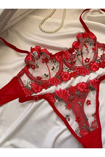 ROZENİN LINGERIE New Year's Special Red Floral Underwire Cupless Brode Bra Set (Bra-Tanga)