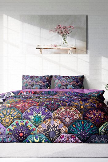 MonoHome Ethnic Purple 3d Pamuk Saten Çift Kişilik Nevresim Takımı