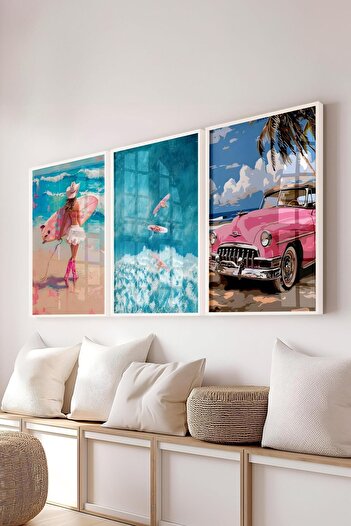 Postifull Summer Themed Painting Set, 3Pcs White Frames and Poster - Bedroom, Living Room, Kitchen Wall Decor