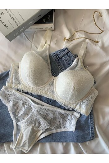 ROZENİN LINGERIE Ecru Recovery Plus Size Lace C Cup Bra Suit