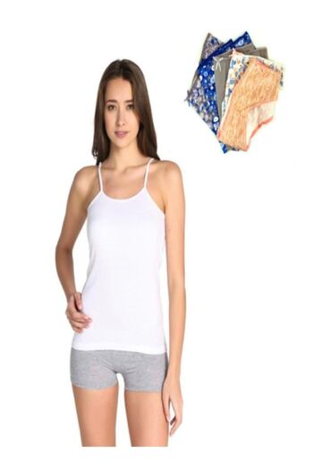 Tutku Women's White 3-Pack Cotton Ribbed Rope Strap Undershirt & Colorful 3-Piece Patterned Bikini