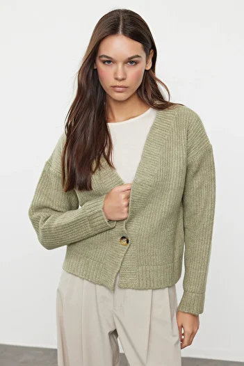Trendyol Collection Soft Textured Deep Collar Knitwear Cardigan - Khaki Twoaw25Hi00064