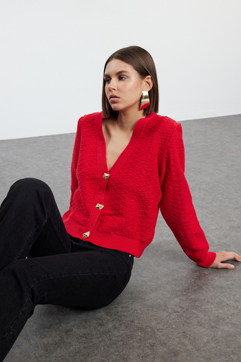 Trendyol Collection Knitwear Red Rose Cardigan - Button Detail, TWOAW25HI00249