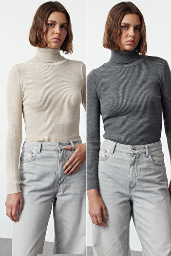 Trendyol Collection Anthracite and Beige Knitwear Sweater - TWOAW22KZ1767