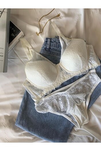 ROZENİN LINGERIE Ecru Recovery Plus Size Lace C Cup Bra Suit