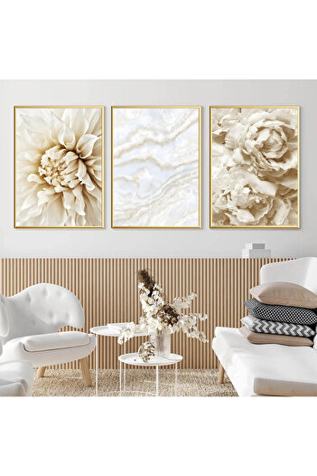 Linacci Triple Gold Metal Frame Cream Flower Soft Glass Poster Painting Set