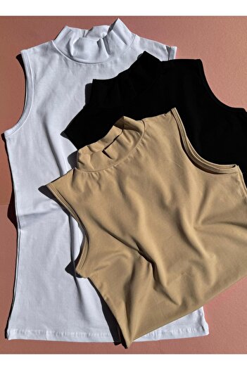 VicTroy Black Turtleneck Lycra Blouse Undershirt - 3 Pieces, Skin and White Color