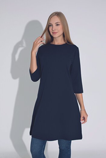 MyBen Navy Blue Colored Loose Cut Three Quarter Sleeve Tunic - Crew Neck T-407