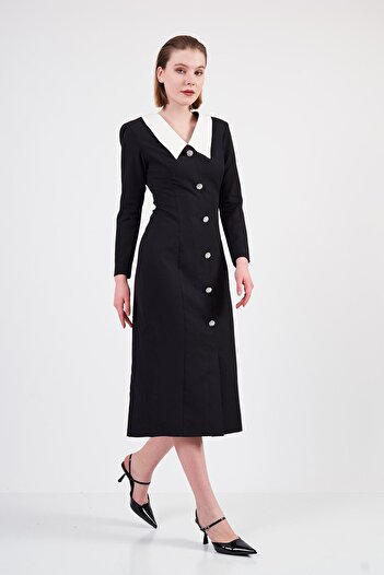 SevdeUgur Kadın Siyah Taş Düğmeli Midi Elbise / Collection