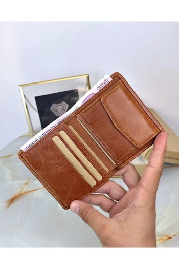 Fil Deri Genuine Leather Classic Men's Wallet with Coin Compartment Tan Color 2068