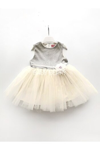Baby Berry Baby store Kız Bebek Çocuk Gümüş Simli Çiçekli Tüllü Tütü Özel Gün Prenses Elbise Ekru (TAÇ AYRI SATILMAKTADIR)