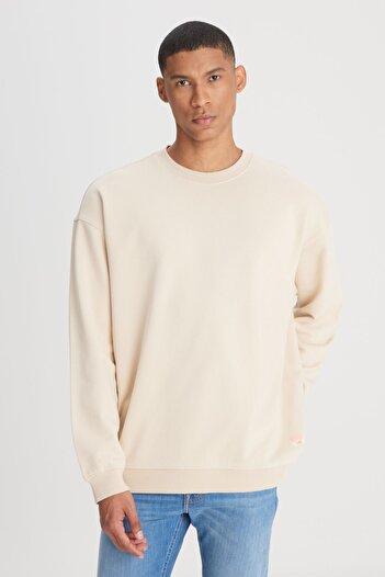 Lee Loose Fit Rahat Kesim Bisiklet Yaka %100 Pamuk Ekru Sweatshirt