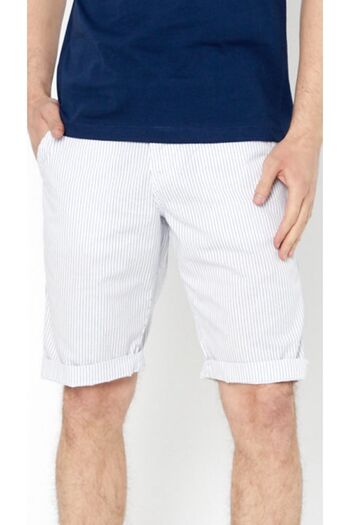 Wise White Striped Cotton Capri Shorts - With Belt and Side Pockets, Relaxed Fit