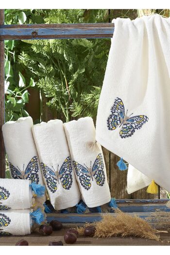 Dantela 50x90 Embroidered and Tasseled Cotton Towel - Cream Set of 6 - Code 8200