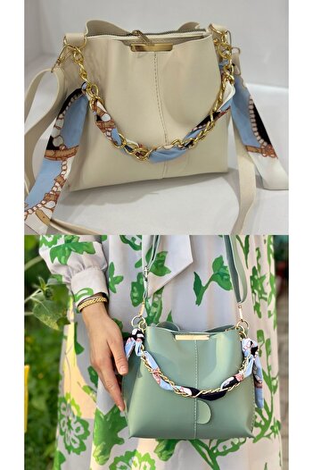 ESTUTE Women's 2-Pack Soft Leather 3-Compartment Handbag and Shoulder Bag with Scarf and Chain Accessories
