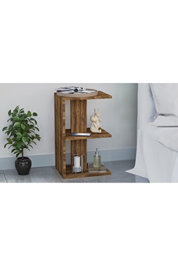 Mahmayi Modern E Shape Night Stand, Side End Table with 3 Open Storage Shelf Dark Hunton Oak