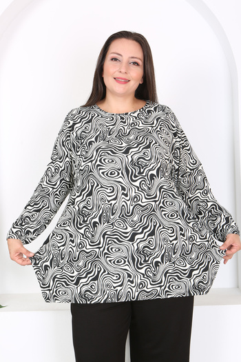XL Modam Xlmodam Women's - Black and White Patterned Lycra Long Sleeve Tunic, Plus Size