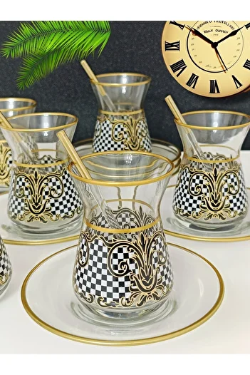 SAMSA Gold Black and White Square Patterned 6 Person Tea Set 6 Person Tea Set