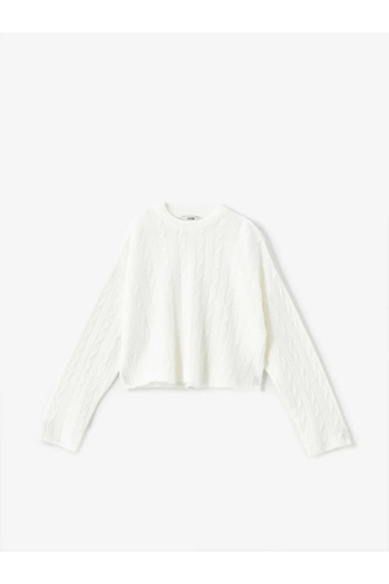 LC Waikiki Ecru Crop Women's Knitwear Sweater - Crew Neck, Long Sleeve