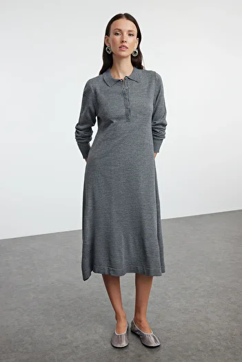 Trendyol Collection Polo Neck Anthracite Midi Knitwear Dress - Twoaw25El00010