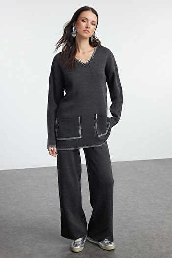 Trendyol Modest Anthracite Knitwear Top and Bottom Set - Shepherd's Stitch Detailed TCTAW25US00042