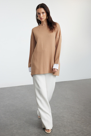 Trendyol Modest Πλεκτό πουλόβερ ανοιχτό καφέ - Λεπτομέρεια πουκάμισου, TCTAW25AK00041