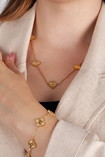 Inure Jewelry Valuable Gold Yonca Model Kadın Çelik (KOLYE & BİLEKLİK) 2'li Set