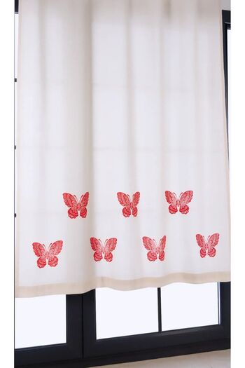 pamukidea Red Butterfly Patterned Cotton Linen Curtain - Summer and Sunshade Buldan Printed Wooden Stone