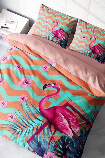 PerlaSera 3D Custom Design - Turquoise Flamingo Duvet Cover Set, Tight Woven Cotton Satin