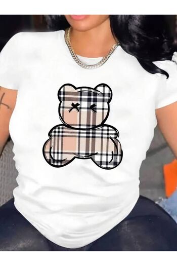 Pink Sky Trendy Bear Printed Women's T-shirt - Large Size