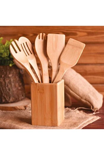 OMS PASLANMAZ Ravioli Mix 6 Piece Tong Bamboo Spoon Set Serving Set with Stand