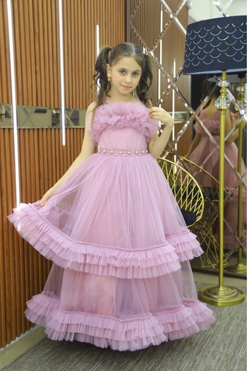 MİSS RAİN Tulle Ruffle Two Layers Pearl Belt Long Girl's Evening Dress
