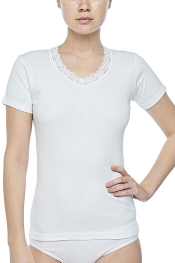 FSM1453 Women's Cotton V-neck Short Sleeve Undershirt Lace White Undershirt 6 Pcs - 2010