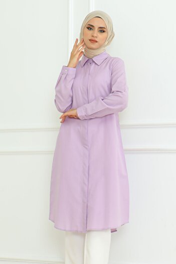 Eliva Lilac Long Sleeve Collar - Buttoned Women's Hijab Tunik