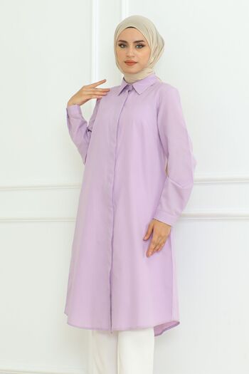 Eliva Lilac Long Sleeve Collar - Buttoned Women's Hijab Tunik