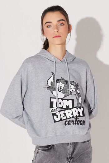 Lee Regular Fit Regular Cut Hooded Gray Melange Tom and Jerry Printed Sweatshirt