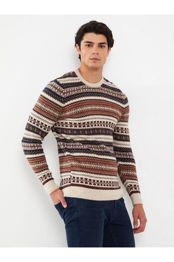 LC Waikiki Beige Melange Lcw Casual - Crew Neck Long Sleeve Patterned Men's Knitwear Sweater