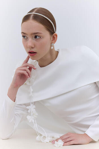 Manuka Ecru Evening Dress with Cape and Floral Detail
