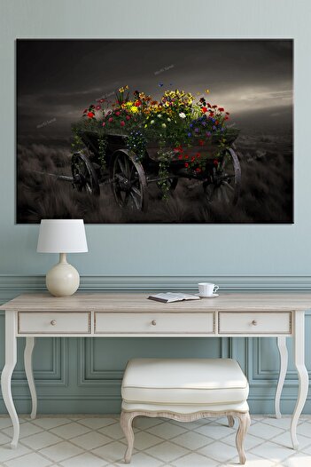 Morfil Sanat Atölyesi Horse Carriage Flowers Artistic Decorative Canvas Painting