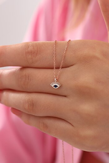 Bilsen Store 925 Ayar Gümüş Zincirli Çift Renk Mavi Taşlı Minimal Kirpik Göz Kolye
