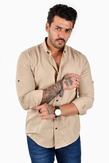 DeepSEA Milky Brown Linen Long Sleeve Lycra Men's Shirt2101101