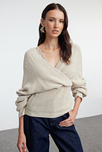 Trendyol Collection Lace Double Breasted Knitwear Sweater - Stone Twoaw22Kz0522
