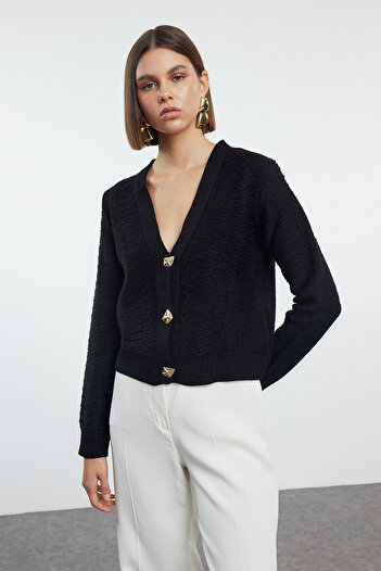Trendyol Collection Knitwear Black Rose Cardigan - Button Detail, TWOAW25HI00249