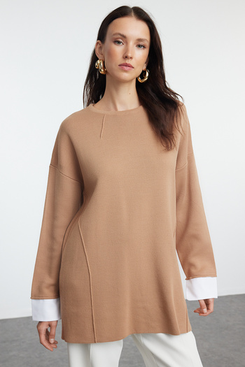 Trendyol Modest Πλεκτό πουλόβερ ανοιχτό καφέ - Λεπτομέρεια πουκάμισου, TCTAW25AK00041