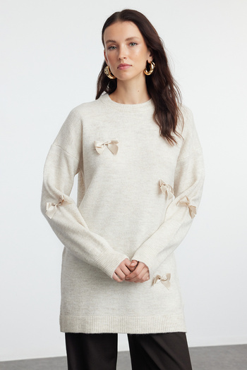Trendyol Modest Knitwear Sweater - Stone Color, Bow Detail, TCTAW25AK00054