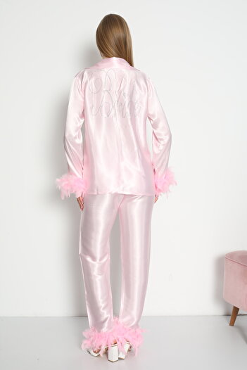 SATTENS Tüylü Otriş Bride Yazılı Saten Pijama Takımı Çeyizlik